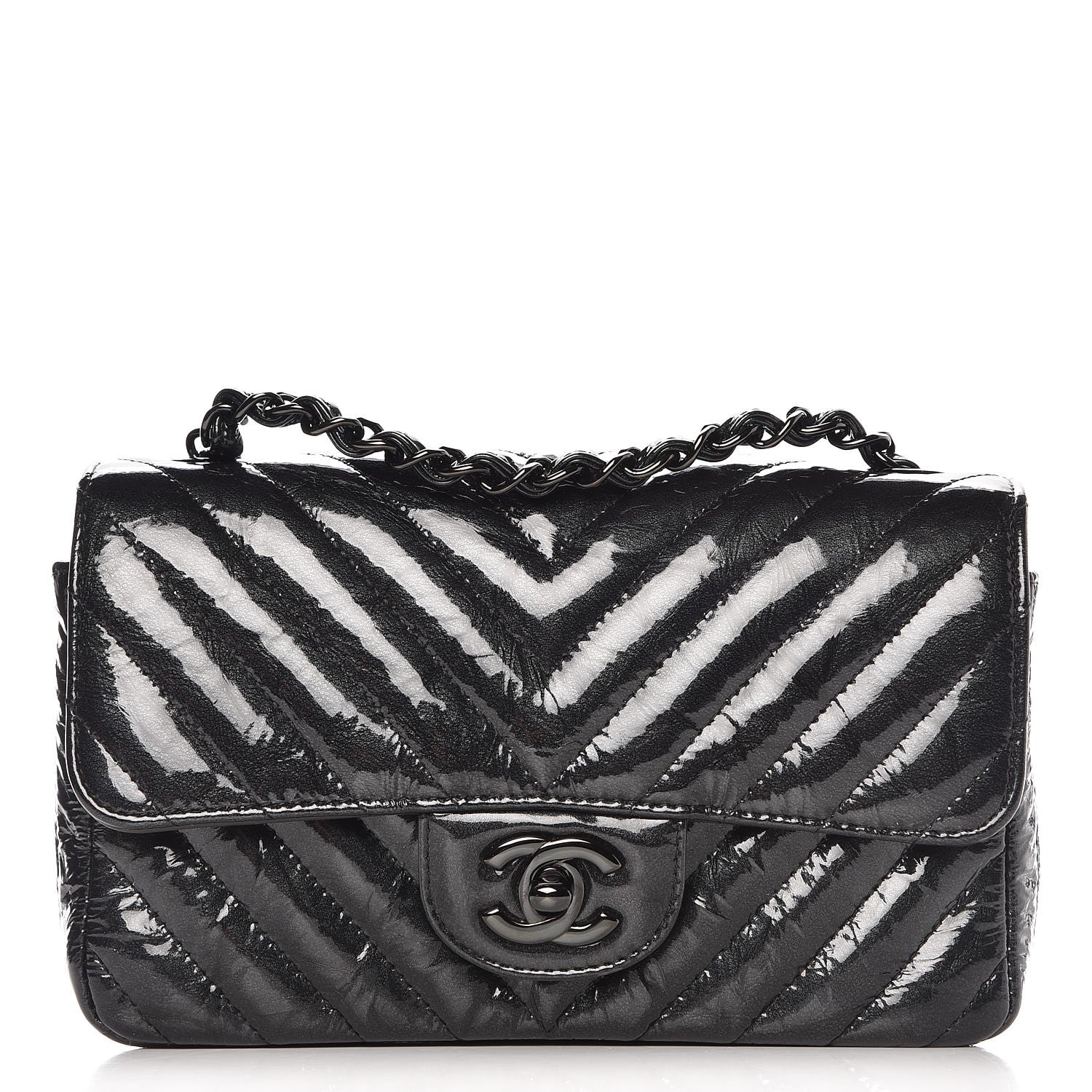 Chanel Patent Metallic Crumpled Calfskin Chevron Quilted Mini Rectangular Flap So Black 1 of 11