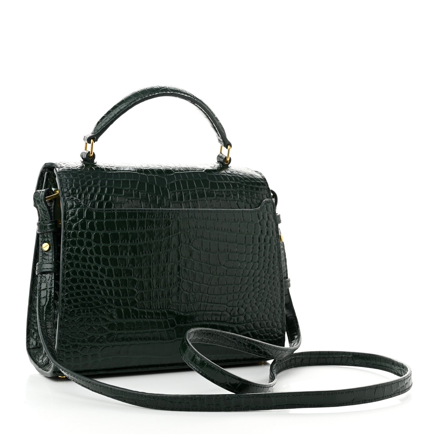 Saint Laurent Calfskin Crocodile Embossed Mini Classic Monogram Cassandra Top Handle Green 3 of 10