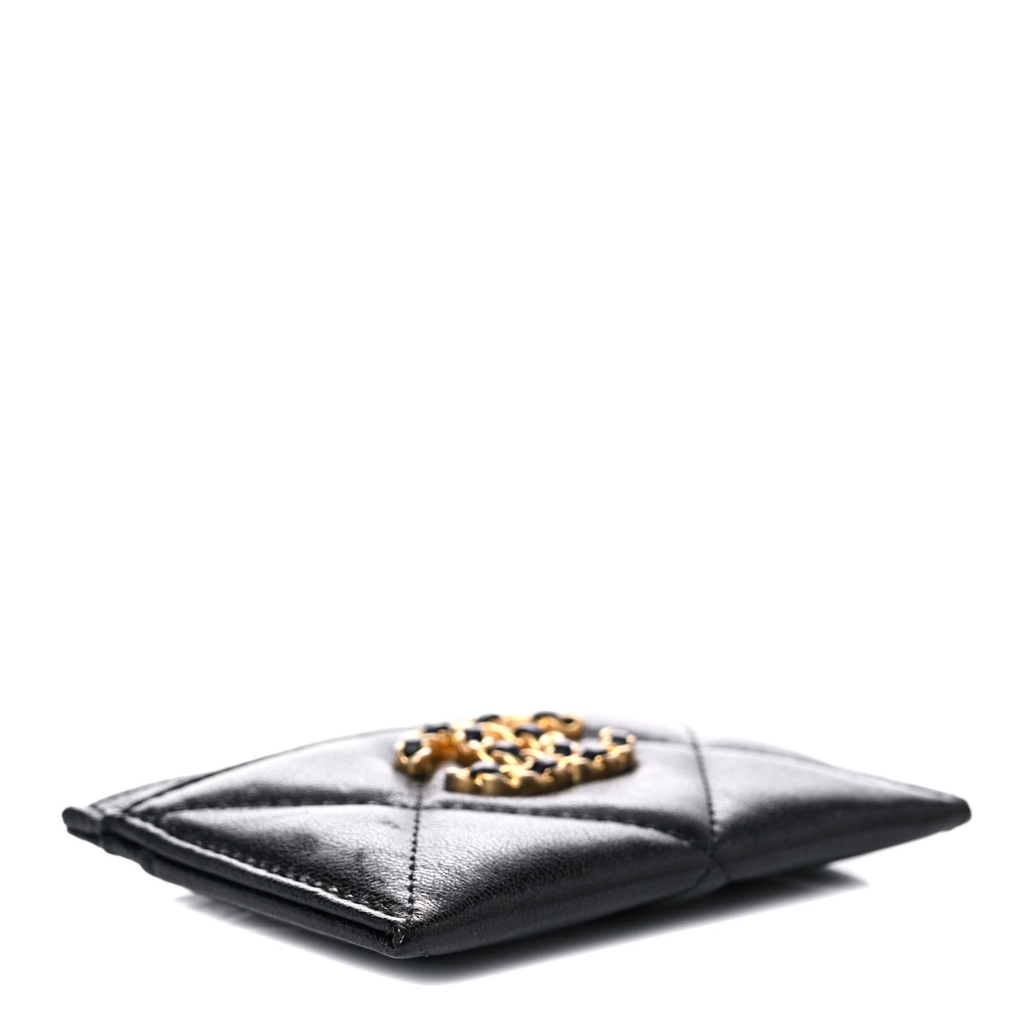 Shiny Goatskin Quilted Chanel 19 Card Holder Black