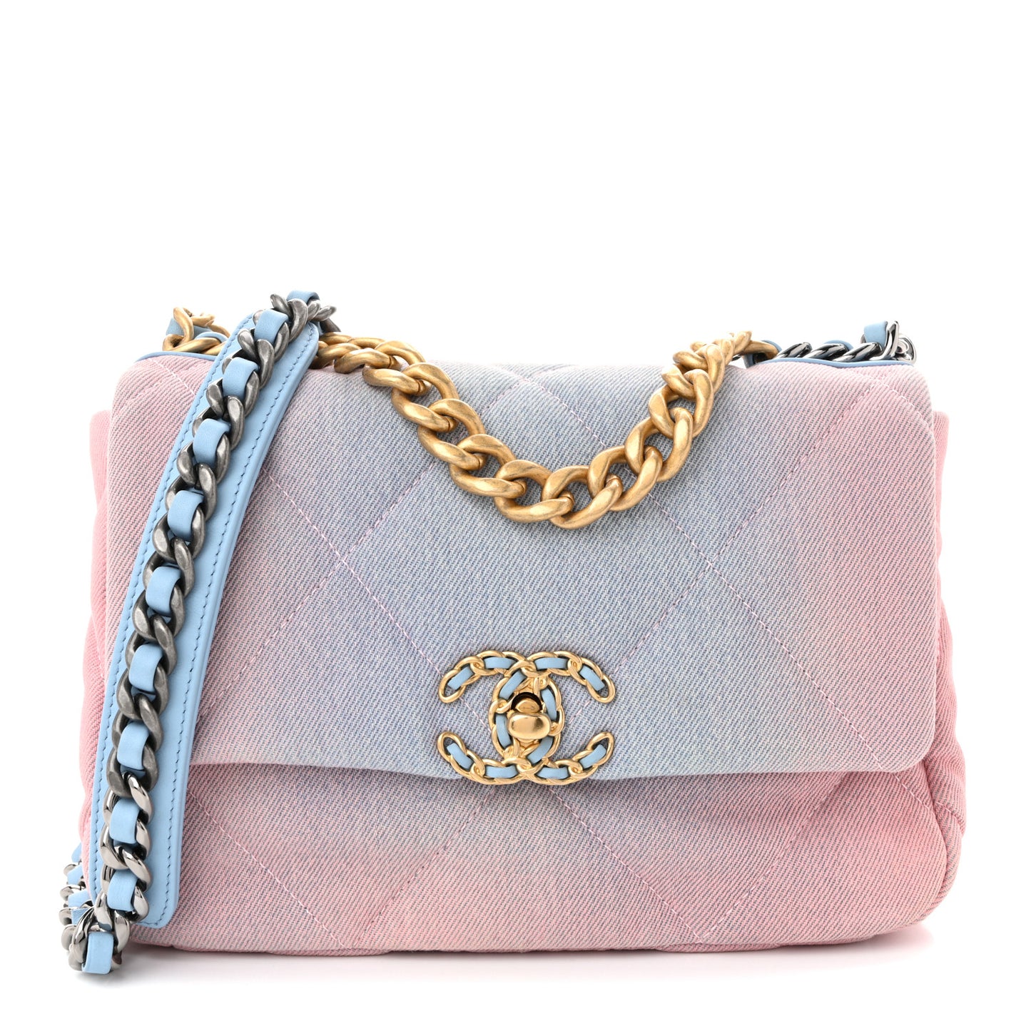 Denim Quilted Medium Chanel 19 Flap Blue Pink