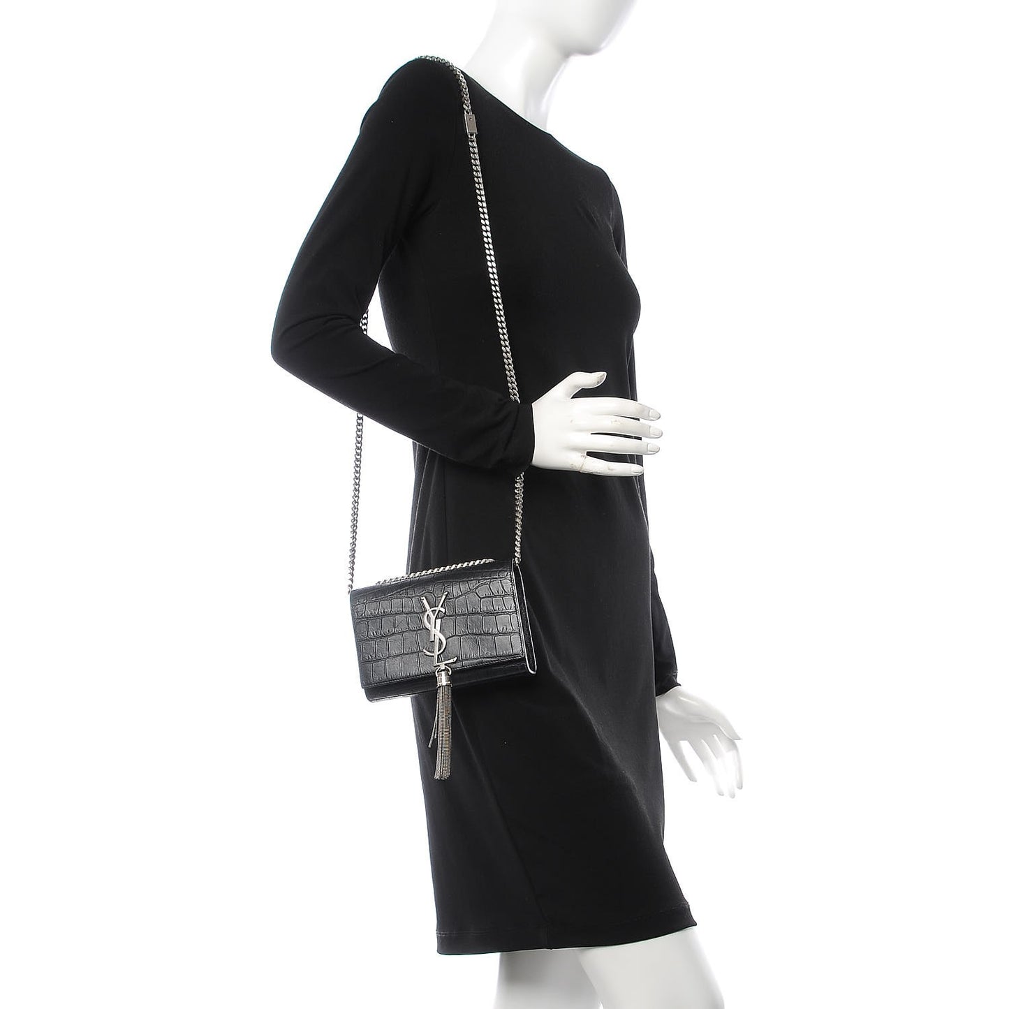 Calfskin Crocodile Embossed Monogram Small Kate Tassel Satchel Black