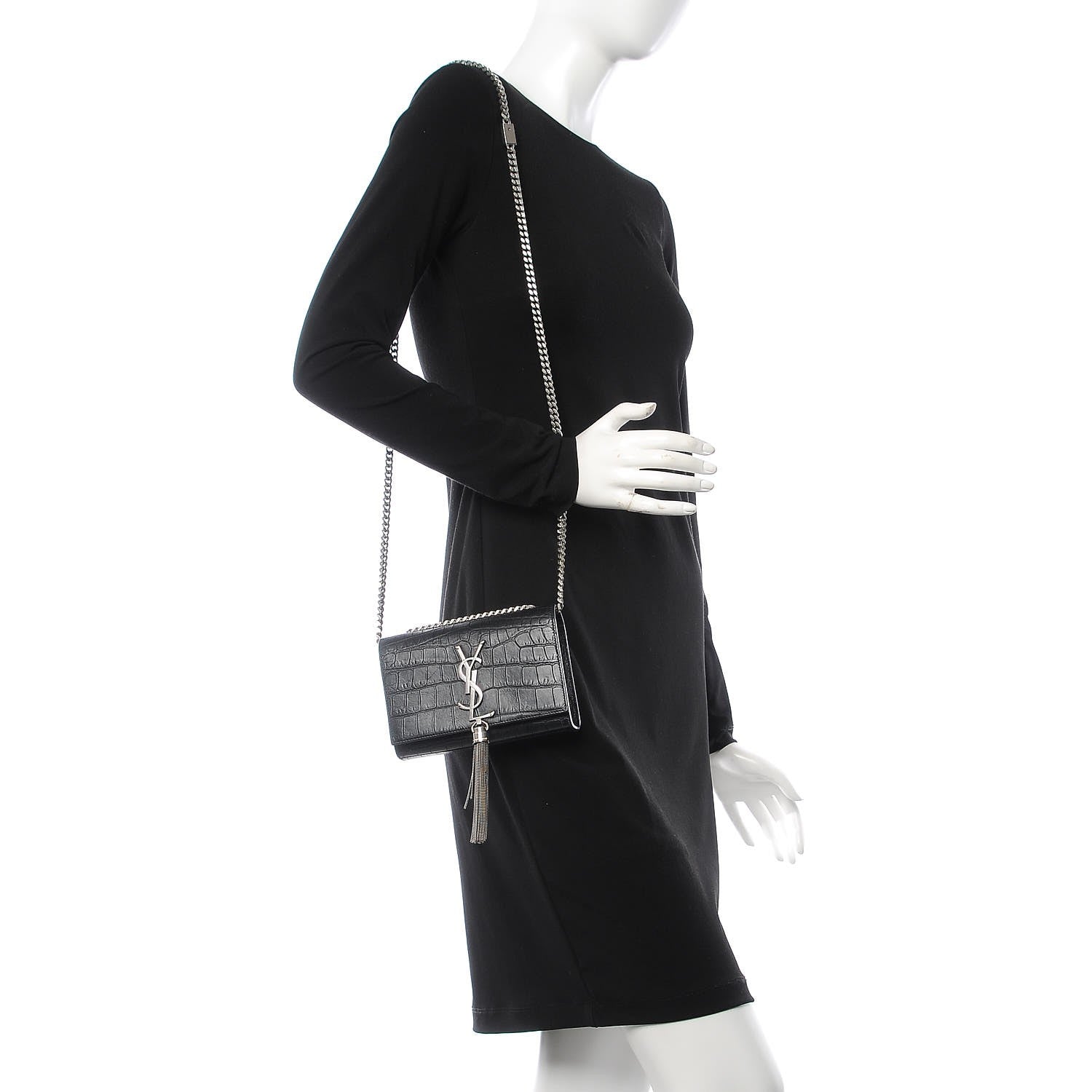Saint Laurent Calfskin Crocodile Embossed Monogram Small Kate Tassel Satchel Black 2 of 10