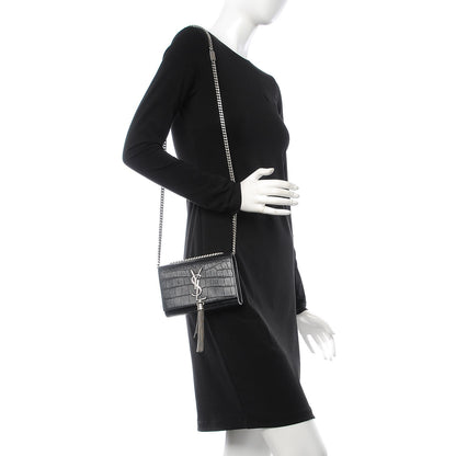 Saint Laurent Calfskin Crocodile Embossed Monogram Small Kate Tassel Satchel Black 2 of 10