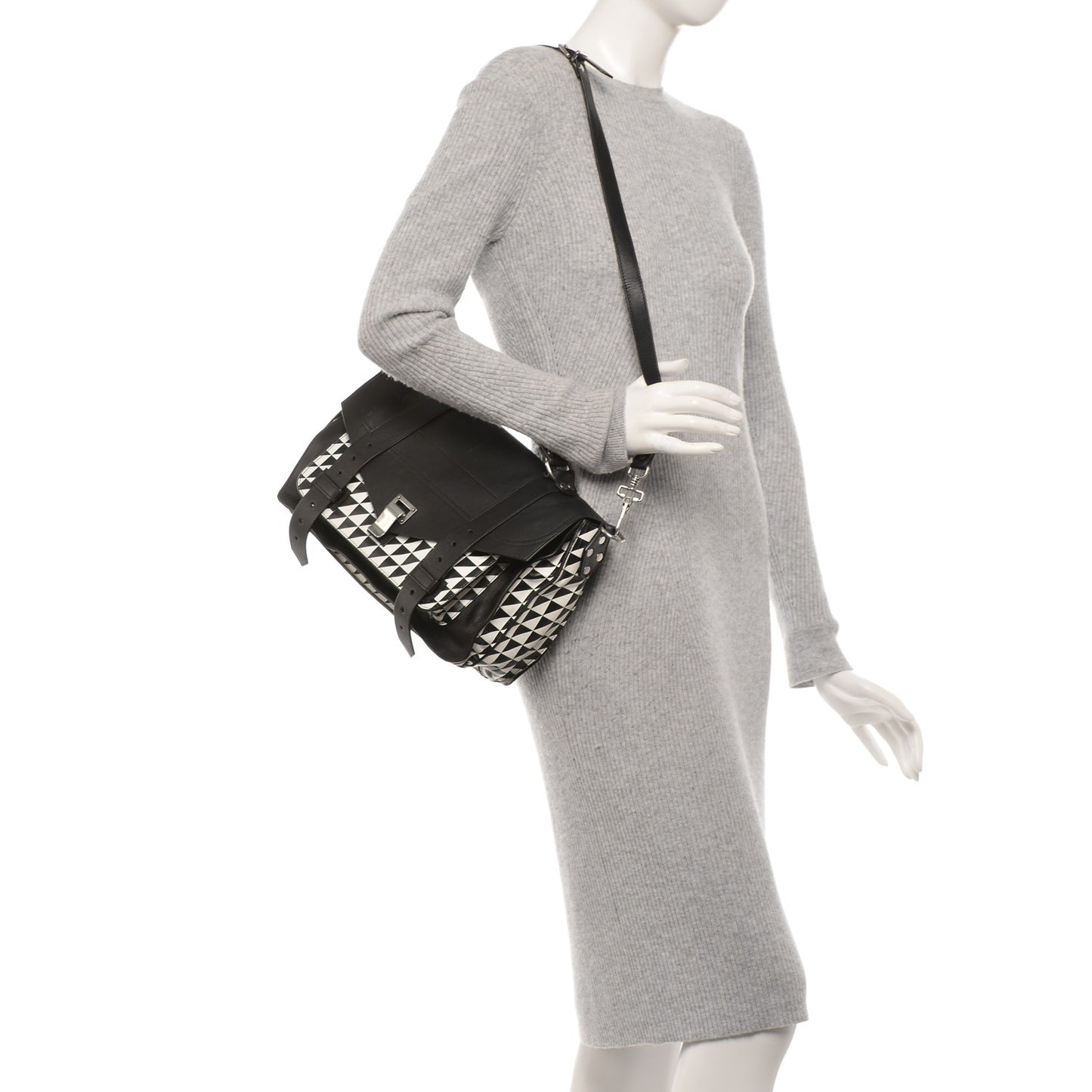 Calfskin Triangle Print Medium PS1 Satchel Black White