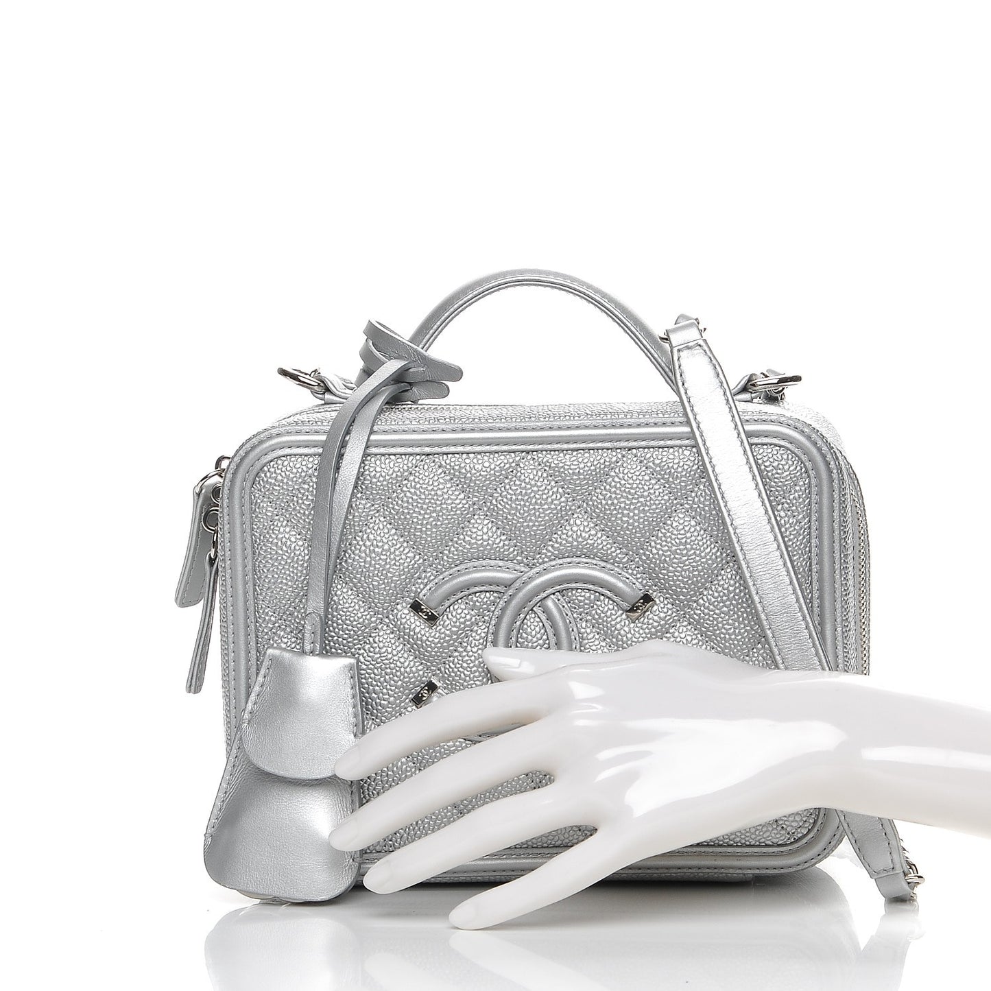 Metallic Caviar Quilted Medium CC Filigree Vanity Case Silver