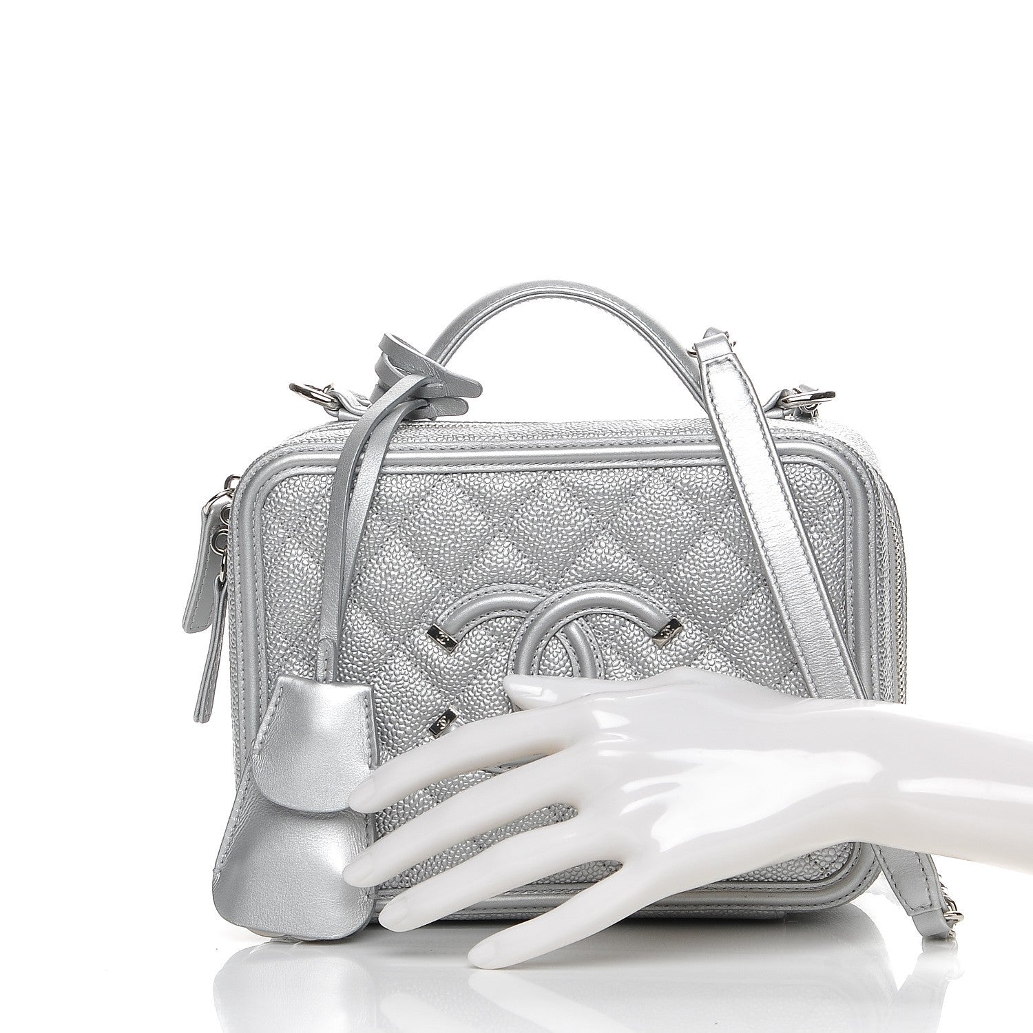Chanel Metallic Caviar Quilted Medium CC Filigree Vanity Case Silver 3 of 10