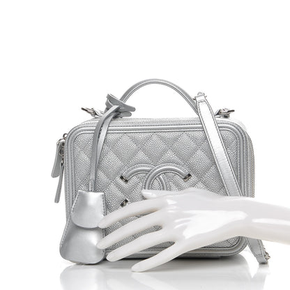 Chanel Metallic Caviar Quilted Medium CC Filigree Vanity Case Silver 3 of 10