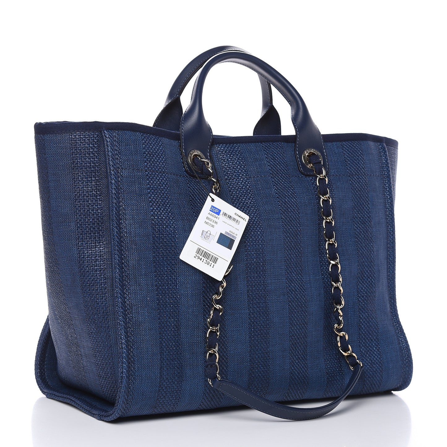 Woven Straw Raffia Striped Large Deauville Tote Navy Blue