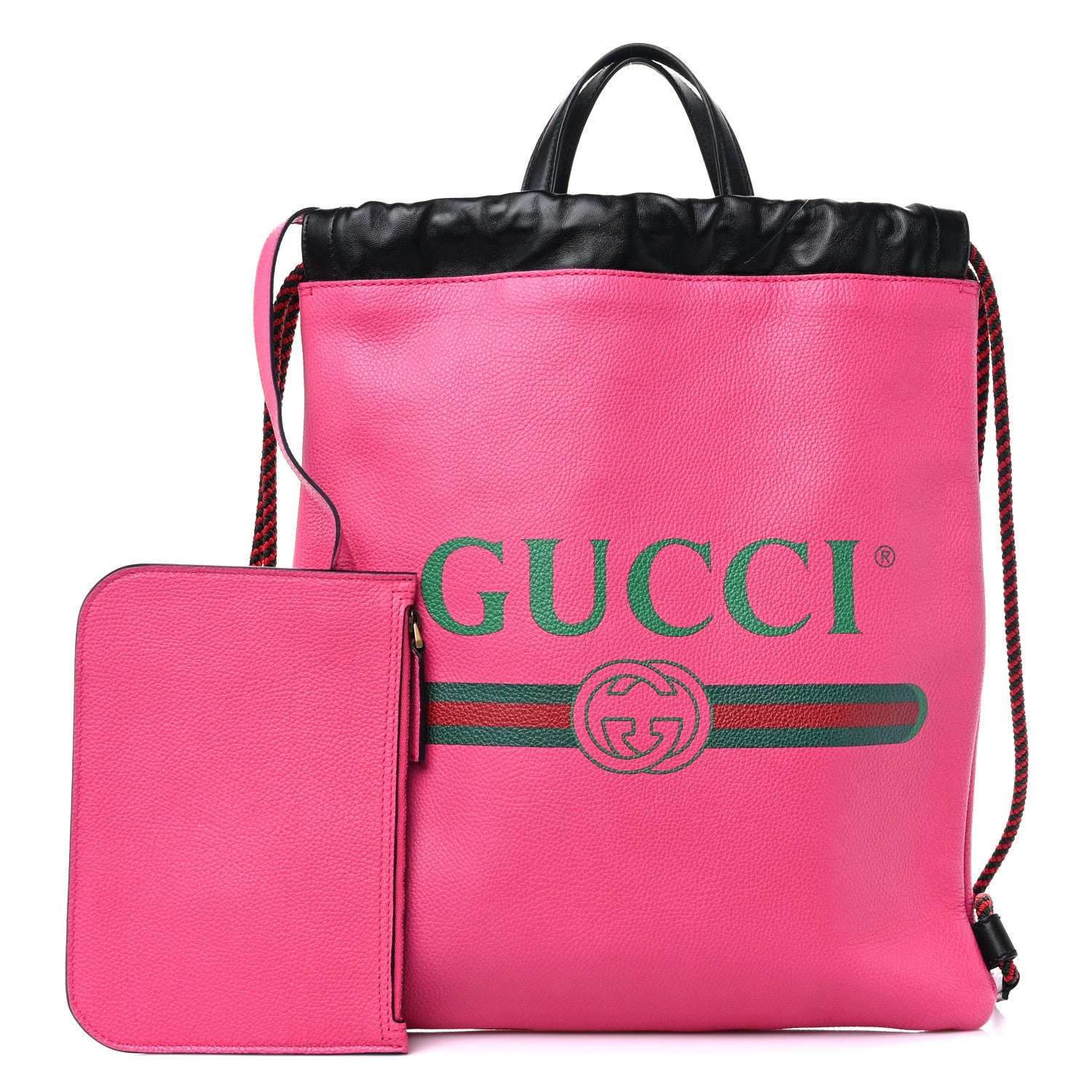 Gucci Grained Calfskin Logo Drawstring Backpack Box Pink Green Black 1 of 11