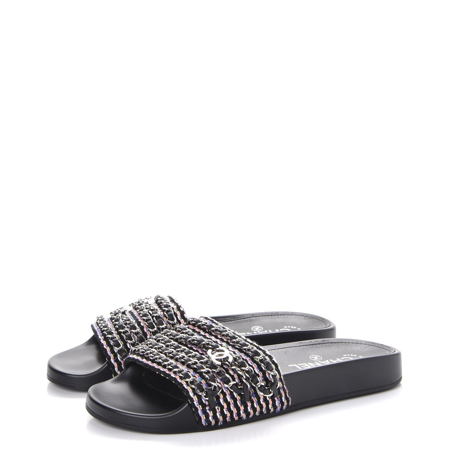 Chanel Tweed Lambskin Chain Flat Sandals 38 Black Multicolor 3 of 8