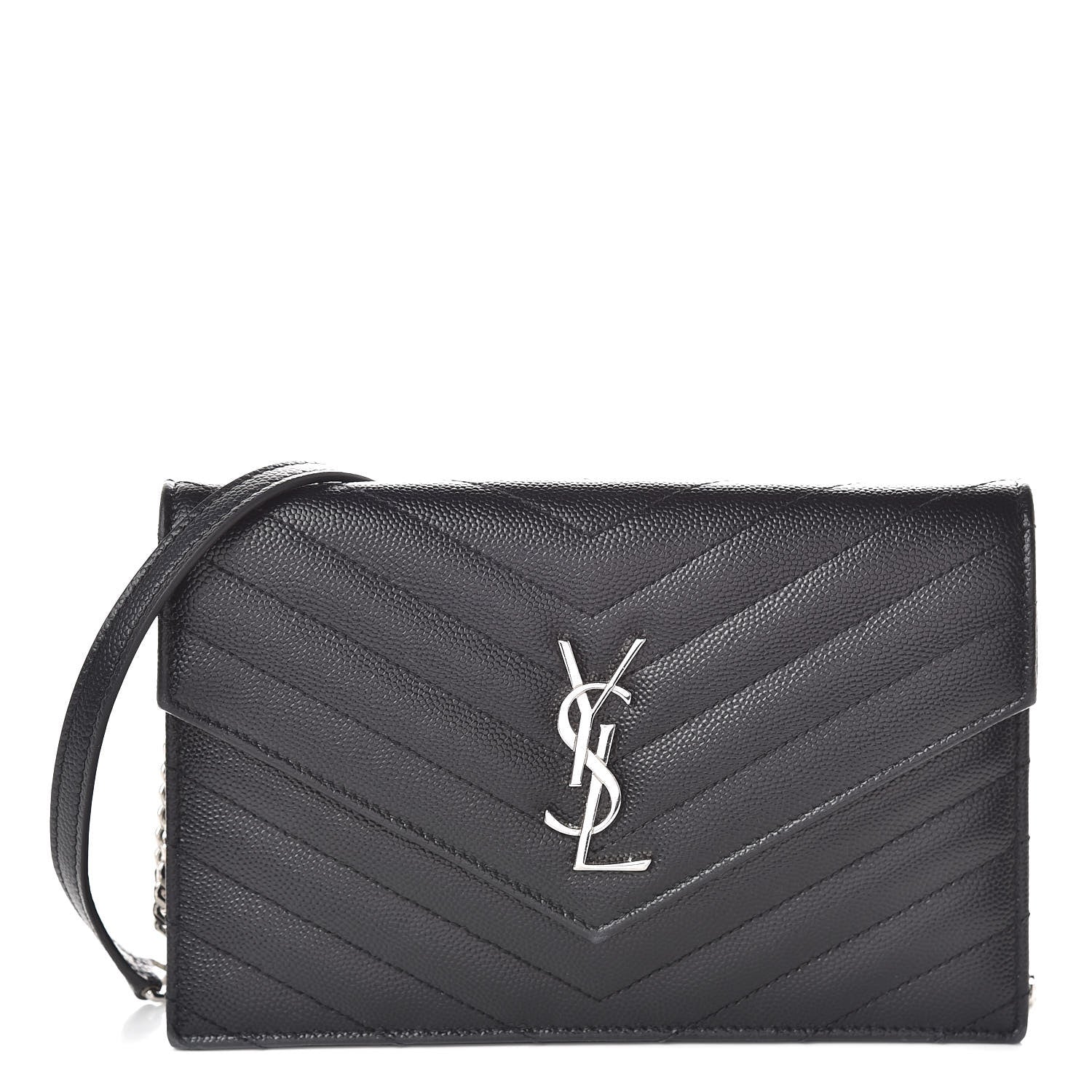 Saint Laurent Grain De Poudre Matelasse Chevron Monogram Envelope Chain Wallet Black 1 of 9