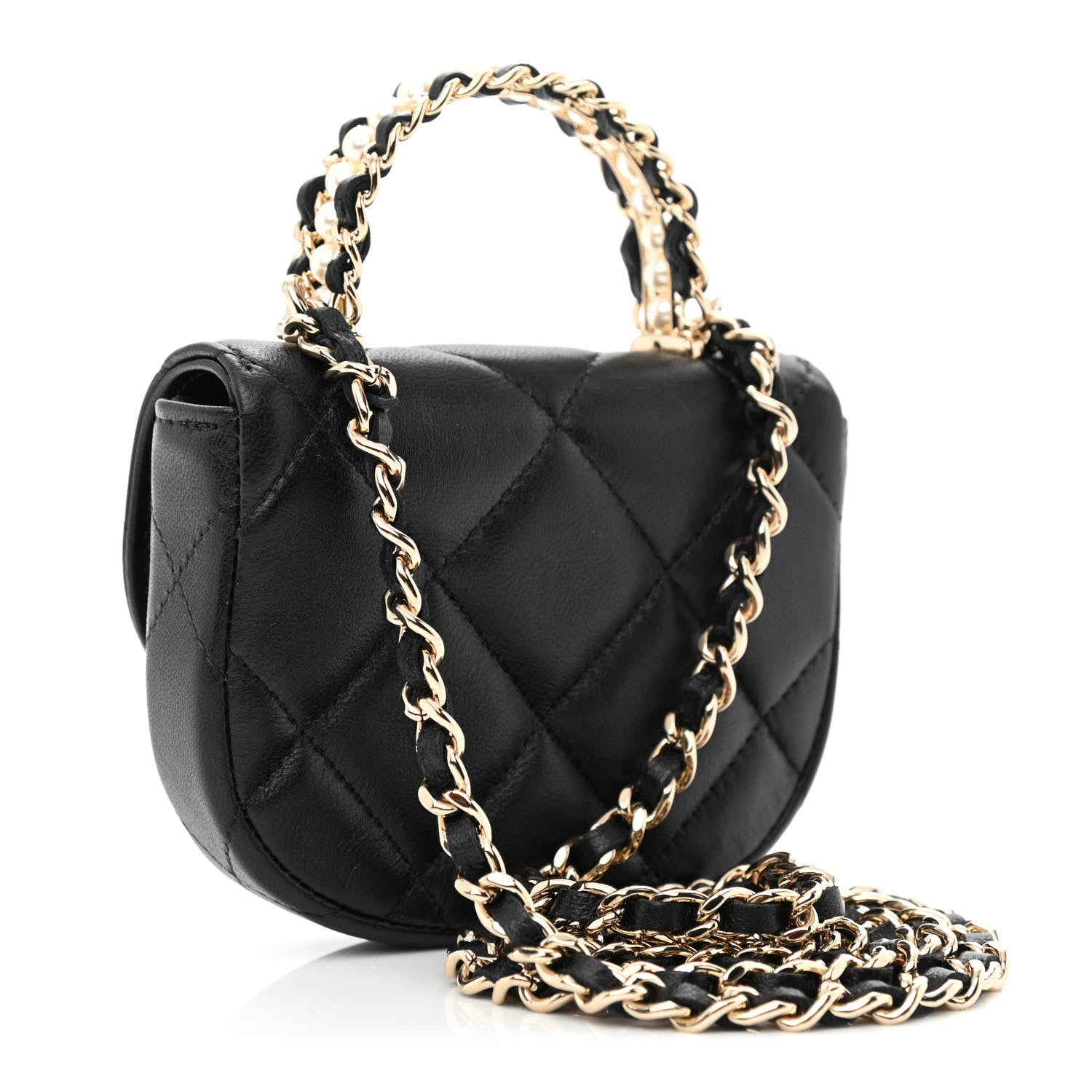 Chanel Lambskin Quilted Pearl Top Handle Clutch With Chain Black 3 of 13