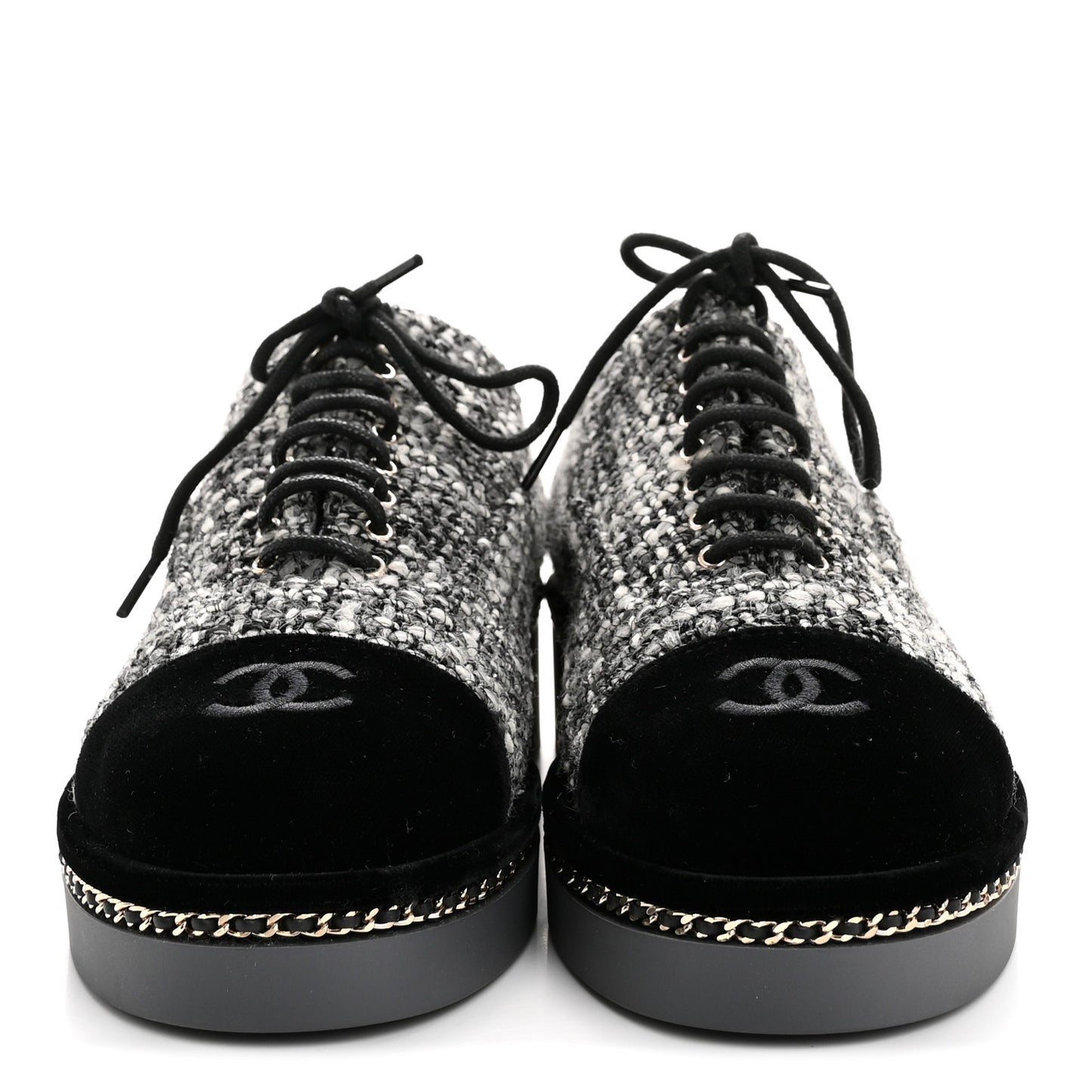 Tweed Suede CC Lace Up Oxfords 38.5 Grey Black
