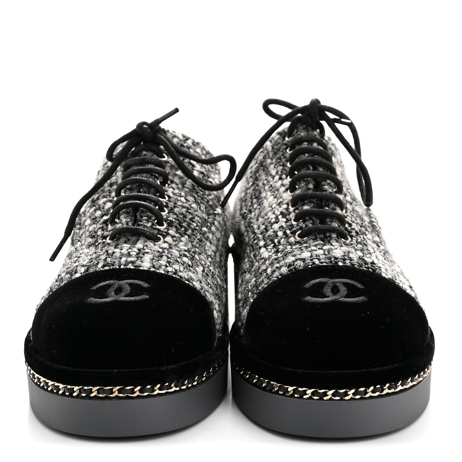 Chanel Tweed Suede CC Lace Up Oxfords 38.5 Grey Black 3 of 10