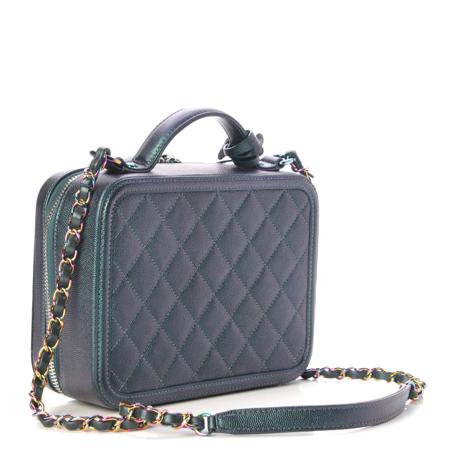 Chanel Iridescent Caviar Quilted Medium CC Filigree Vanity Case Dark Turquoise 3 of 8