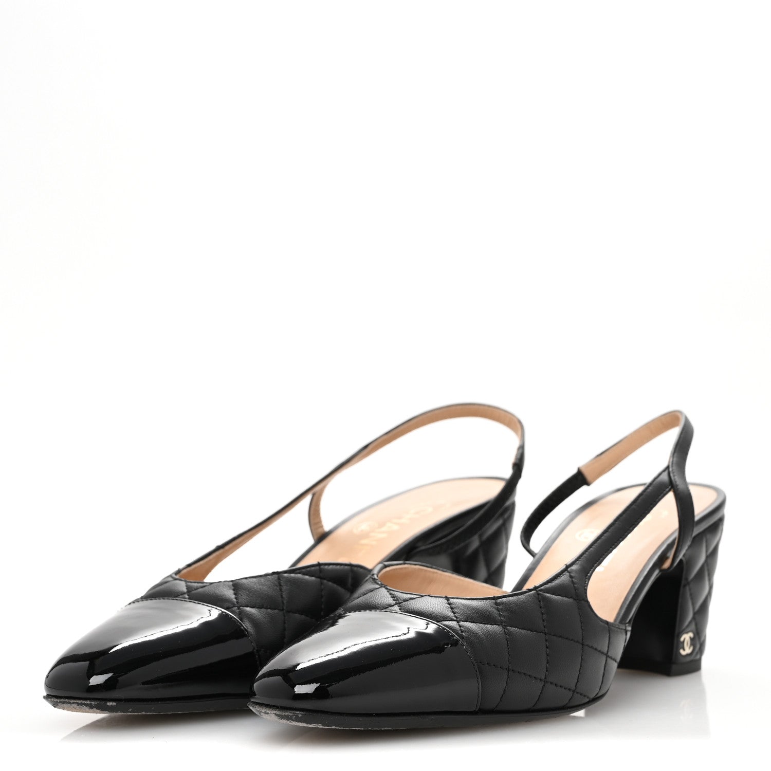 Chanel Lambskin Patent Calfskin Quilted Cap Toe CC Slingback Pumps 40 Black 4 of 10