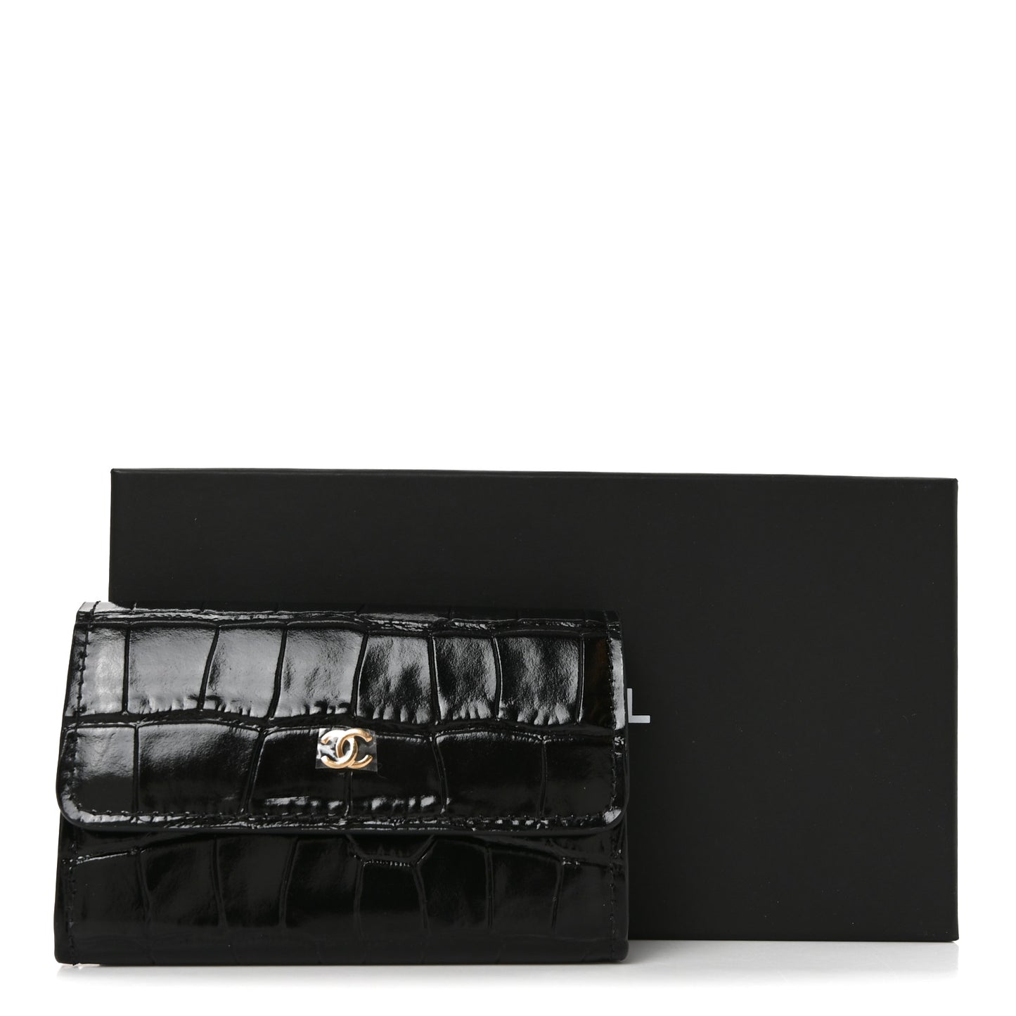 Calfskin Crocodile Embossed Crococo Flap Card Holder Black