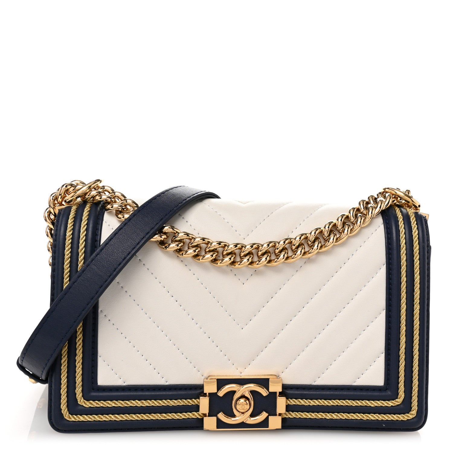 Chanel Calfskin Chevron Quilted Braided Medium Boy Flap White Navy 1 of 11