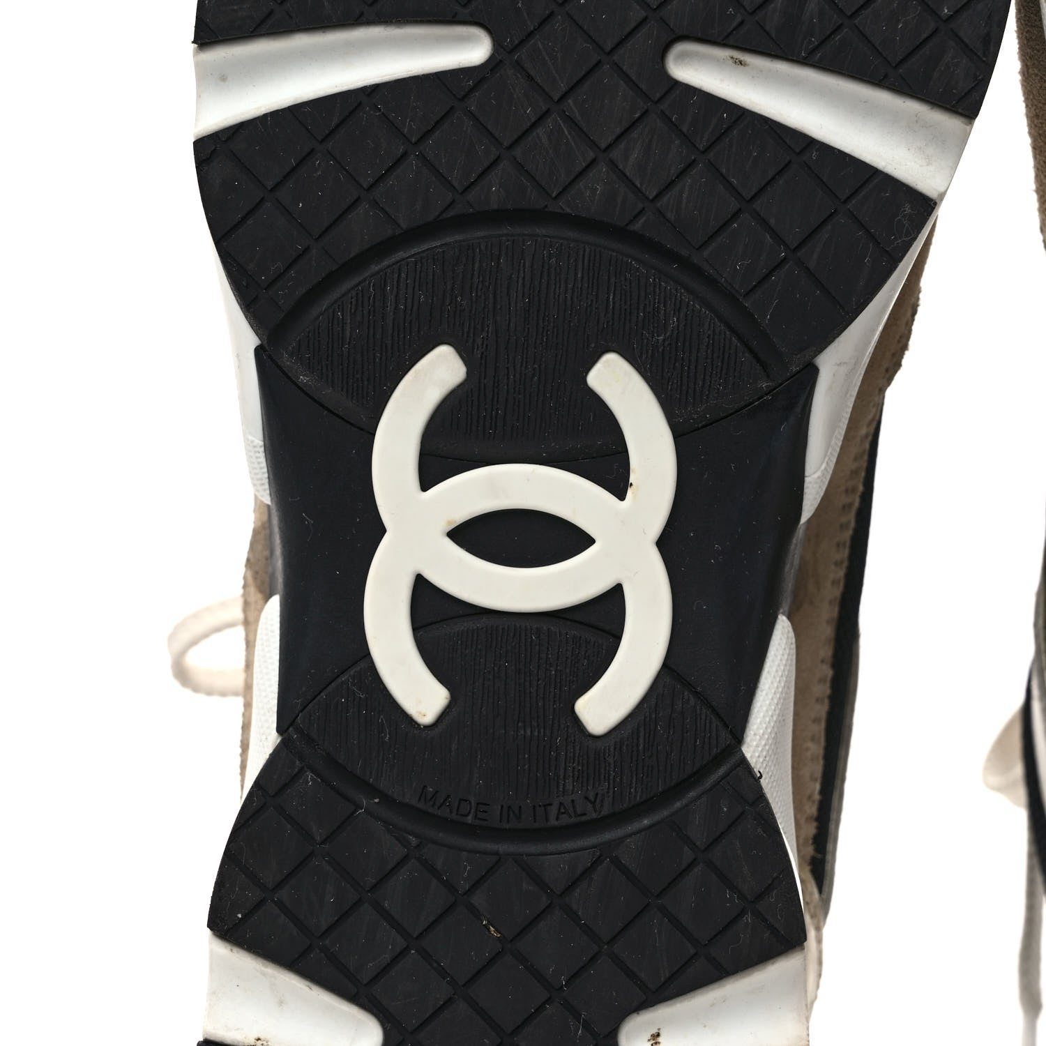 Chanel Mesh Suede Calfskin Womens CC Sneakers 38.5 White Black Beige Gold 6 of 11