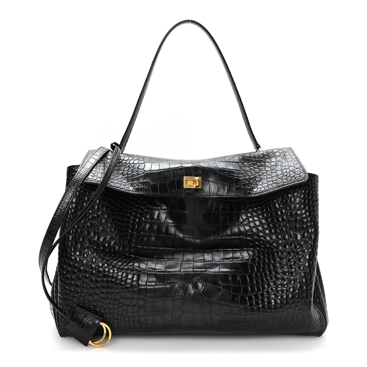 Balenciaga Shiny Calfskin Crocodile Embossed Large Rodeo Top Handle Handbag Black 1 of 10