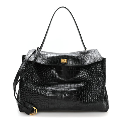 Balenciaga Shiny Calfskin Crocodile Embossed Large Rodeo Top Handle Handbag Black 1 of 10