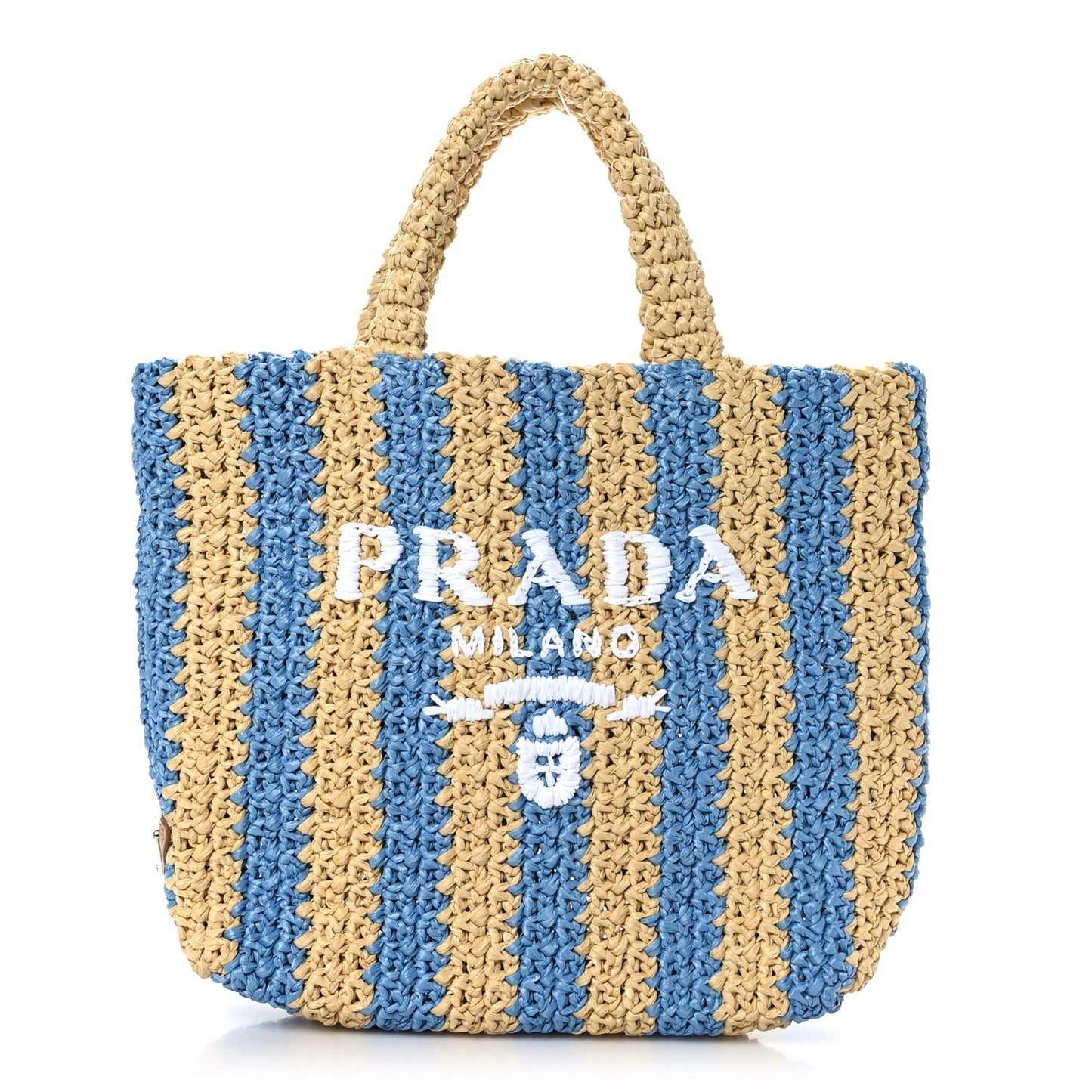 Yarn Raffia Effect Crochet Striped Small Logo Tote Naturale Celeste