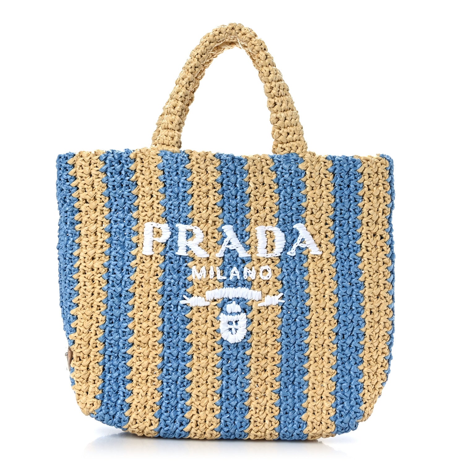 Prada Yarn Raffia Effect Crochet Striped Small Logo Tote Naturale Celeste 1 of 8