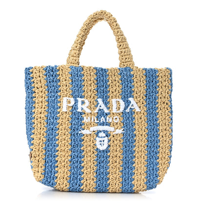 Prada Yarn Raffia Effect Crochet Striped Small Logo Tote Naturale Celeste 1 of 8