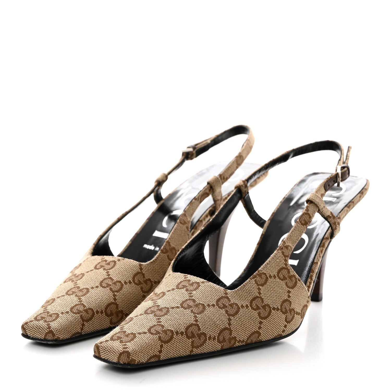 Gucci Monogram Malga Kid Square G 75mm Slingback Pumps 39 Beige Ebony New Acero 3 of 7
