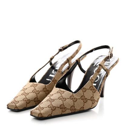 Gucci Monogram Malga Kid Square G 75mm Slingback Pumps 39 Beige Ebony New Acero 3 of 7