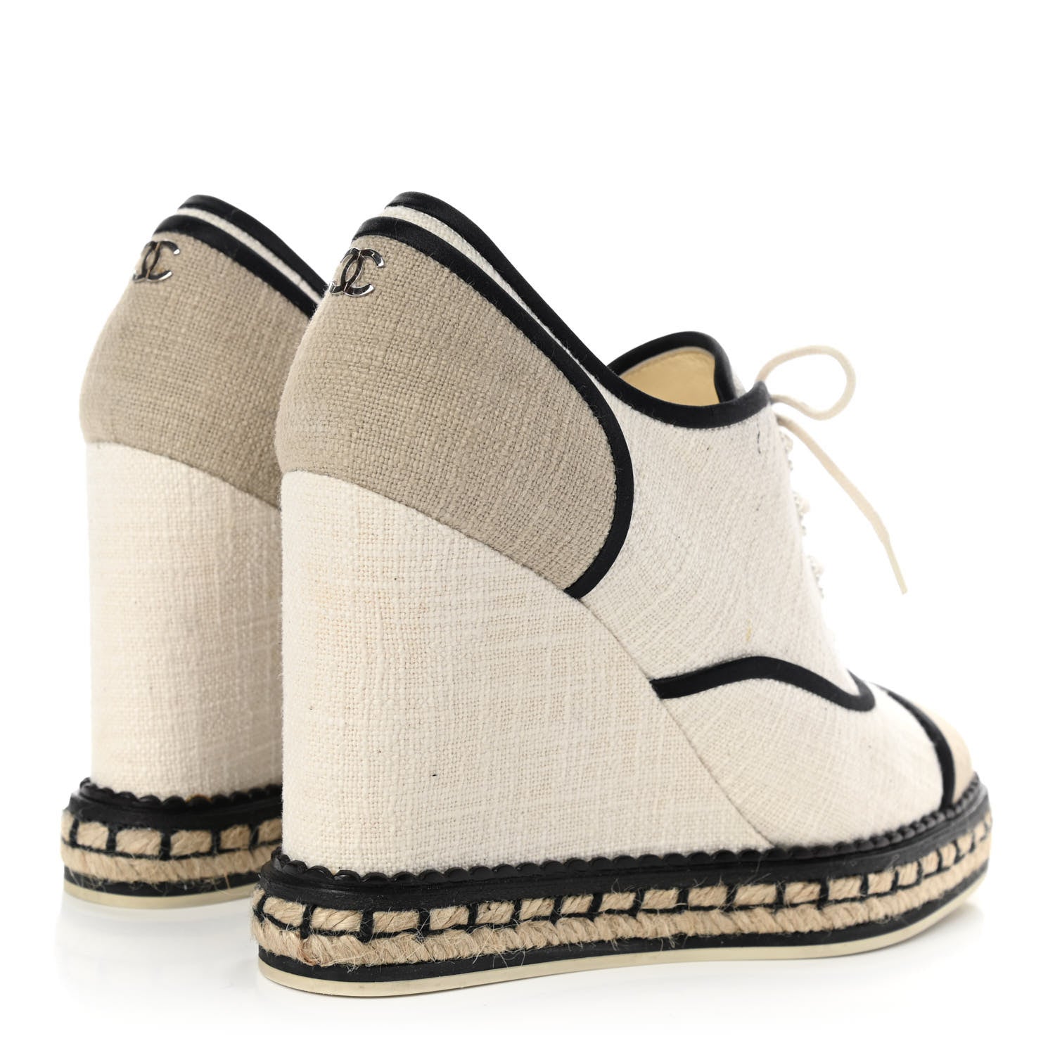 Chanel Raffia Lace Up Wedge Espadrilles 37.5 Beige 4 of 14