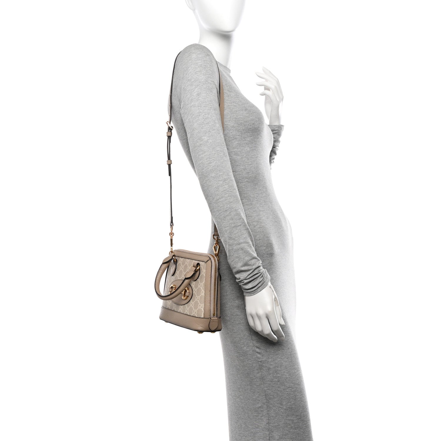 Gucci GG Supreme Monogram Textured Dollar Calfskin Mini Horsebit 1955 Top Handle Bag Beige Mystic White Oatmeal 2 of 14