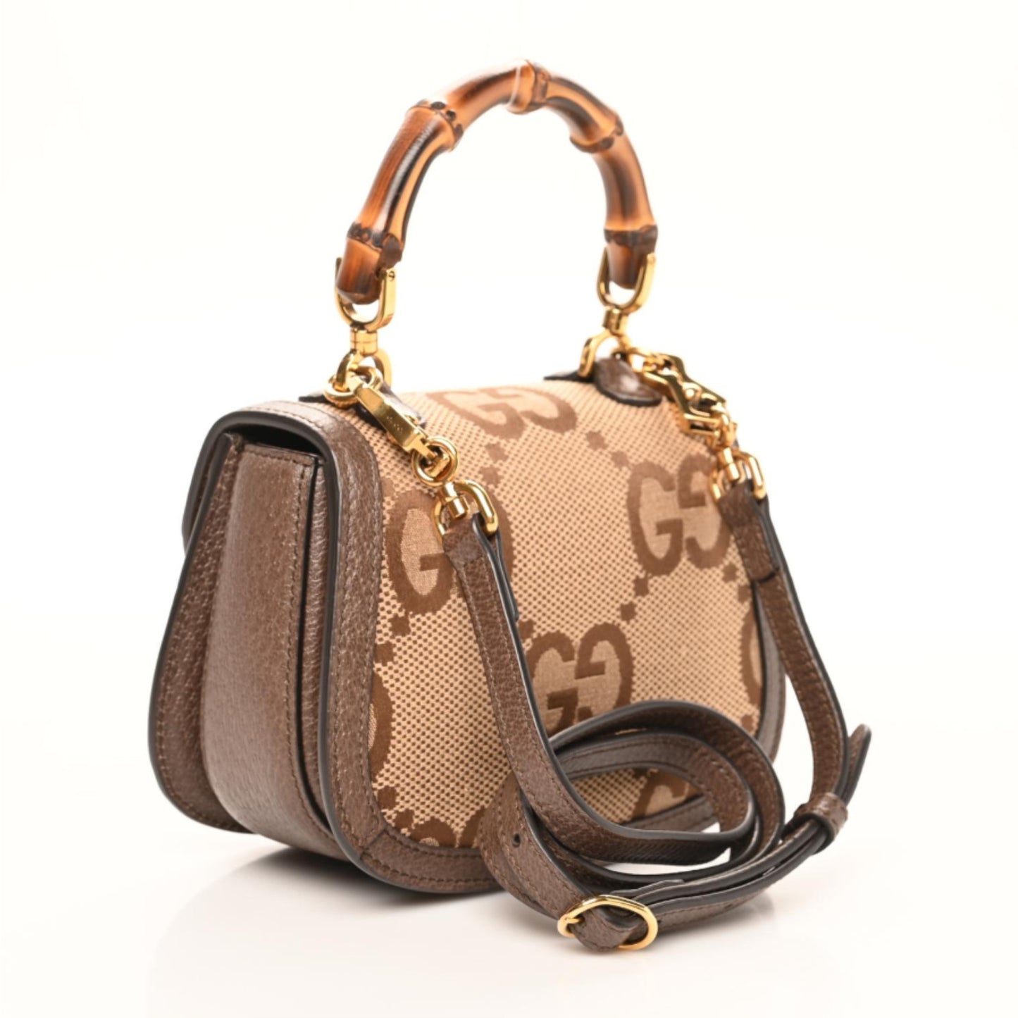 Monogram Jumbo GG Textured Dollar Calfskin Web Mini Bamboo 1947 Top Handle Bag Camel Ebony New Acero
