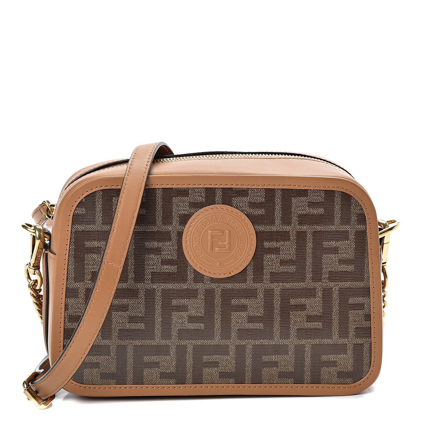 Glazed Fabric Vitello Century FF 1974 Stamp Patch Camera Case Mogano Panna Caramello