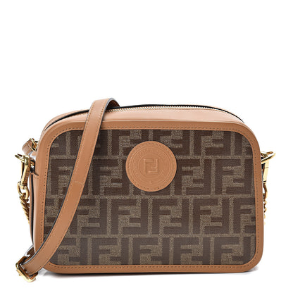 Fendi Glazed Fabric Vitello Century FF 1974 Stamp Patch Camera Case Mogano Panna Caramello 1 of 10