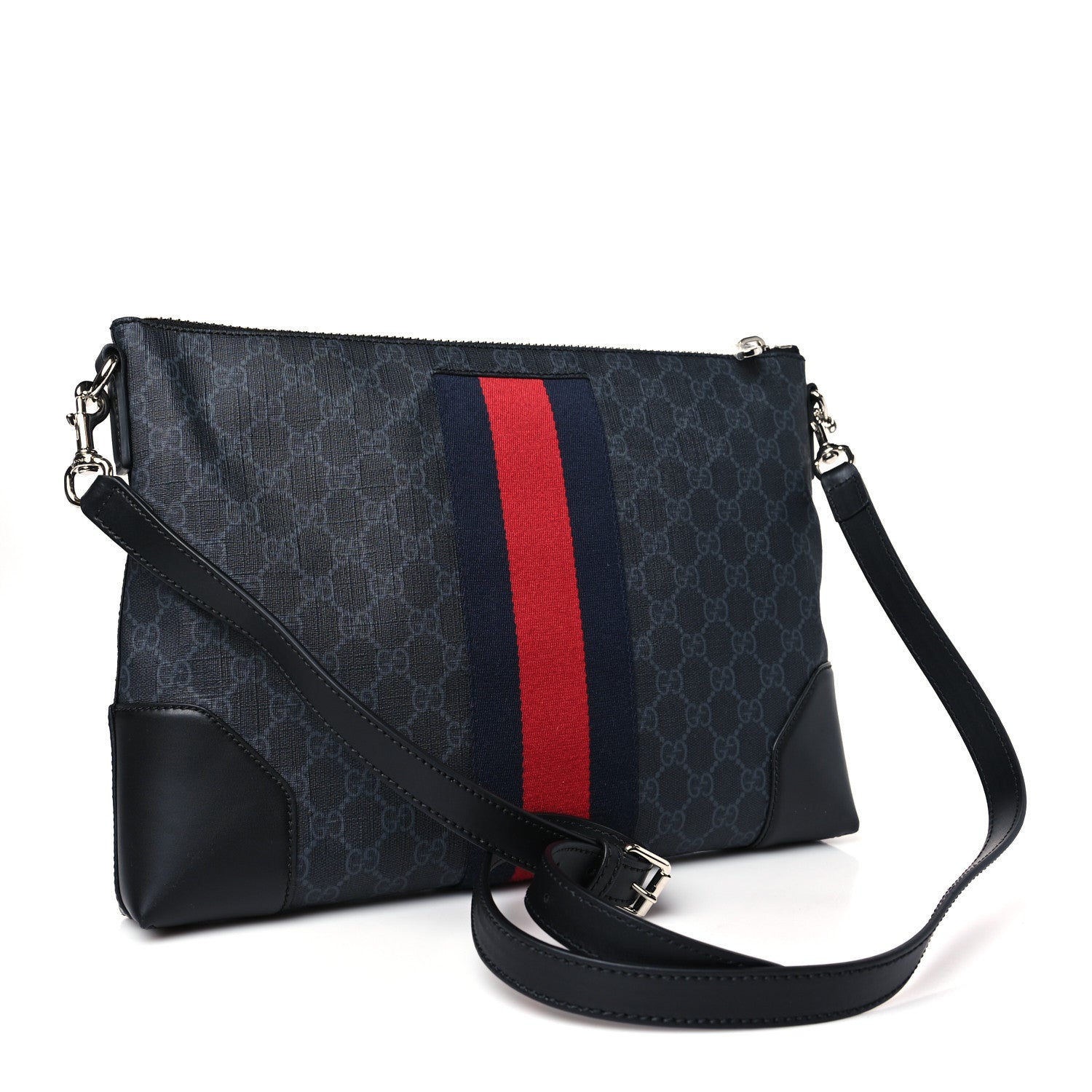 Gucci Soft GG Supreme Monogram Appia Calfskin Web East West Messenger Bag Black Grey 3 of 9