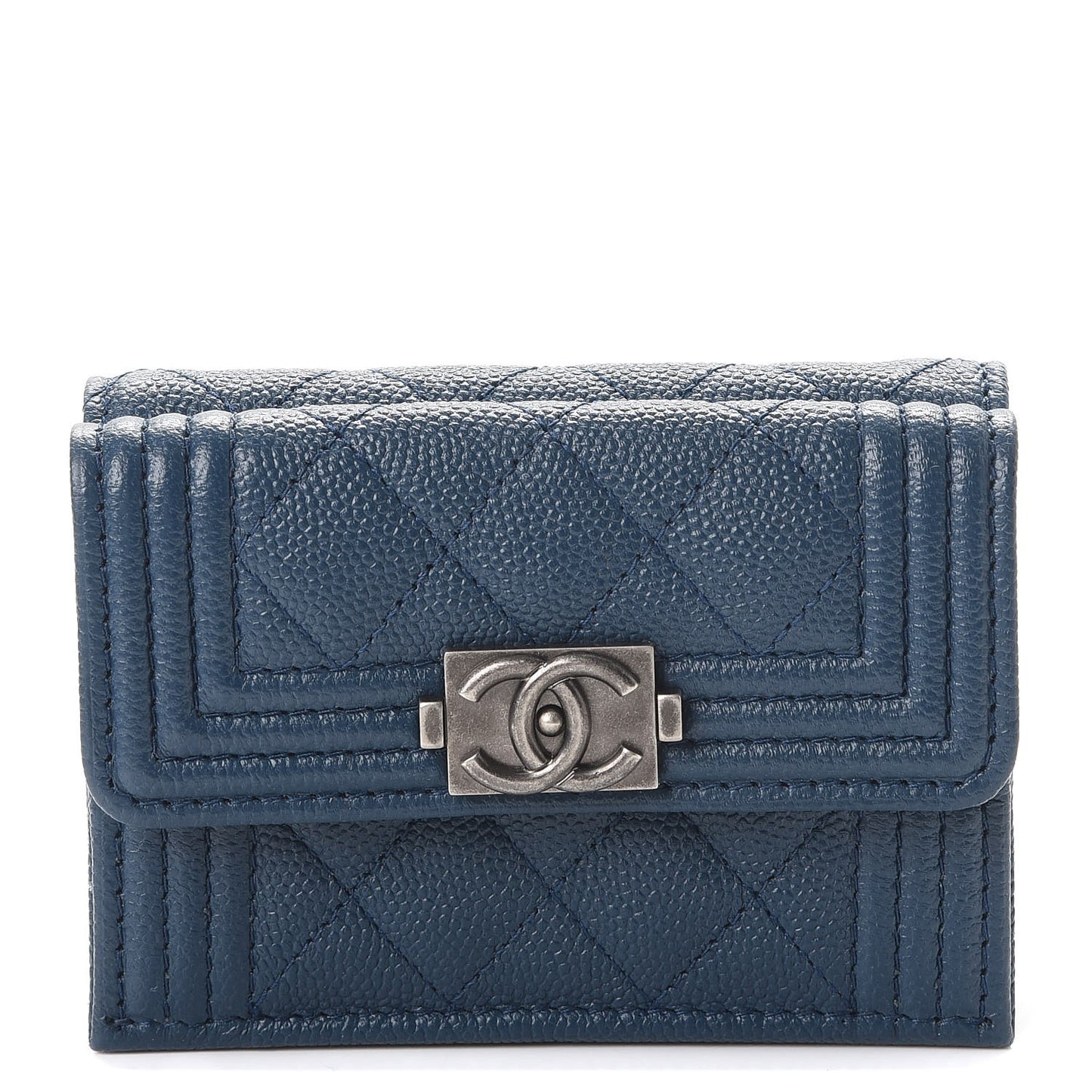 Grained Goatskin Quilted Small Boy Flap Wallet Dark Blue