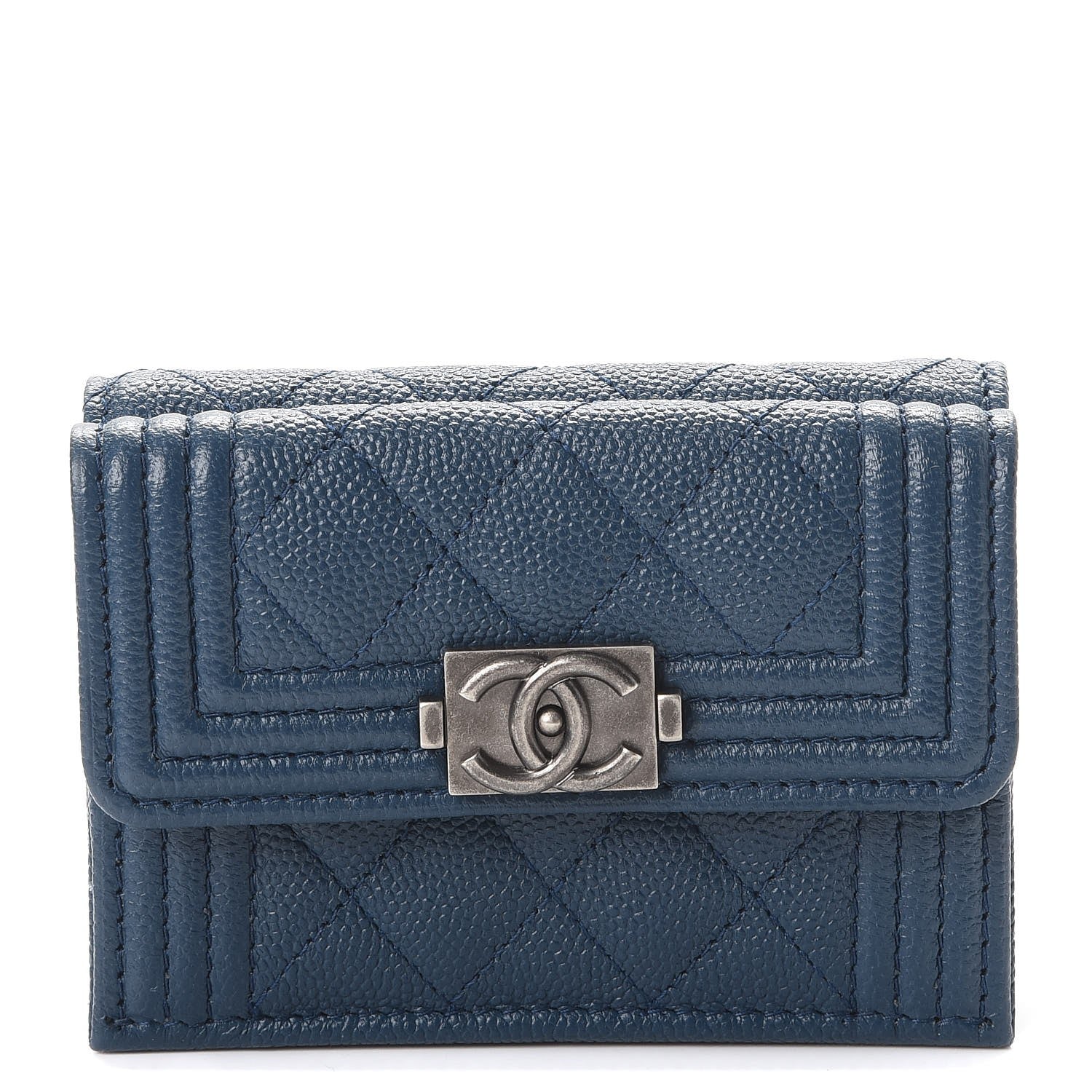 Chanel Grained Goatskin Quilted Small Boy Flap Wallet Dark Blue 1 of 9