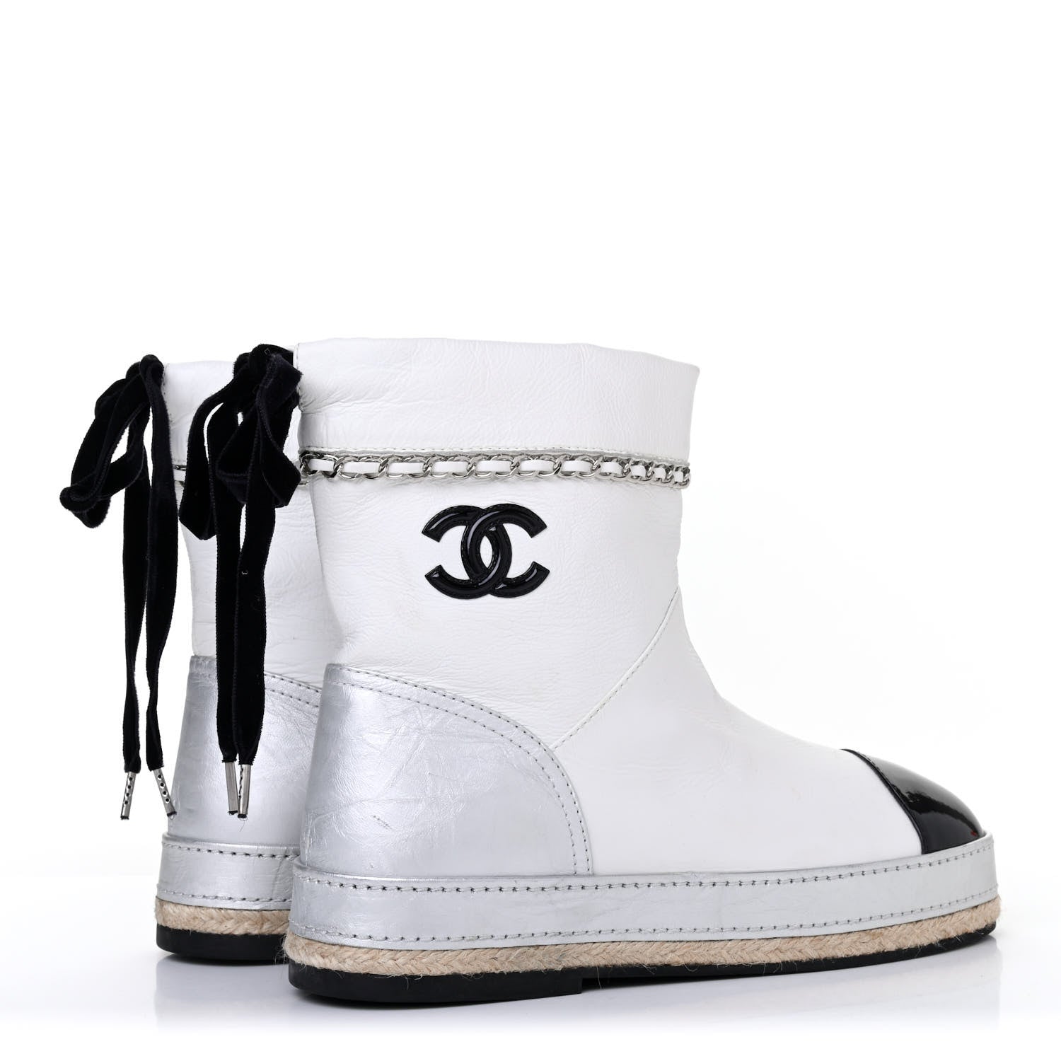 Chanel Lambskin Patent Cap Toe CC Chain Espadrille Boots 38 White Silver Black 3 of 4