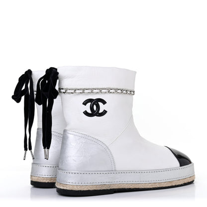 Chanel Lambskin Patent Cap Toe CC Chain Espadrille Boots 38 White Silver Black 3 of 4
