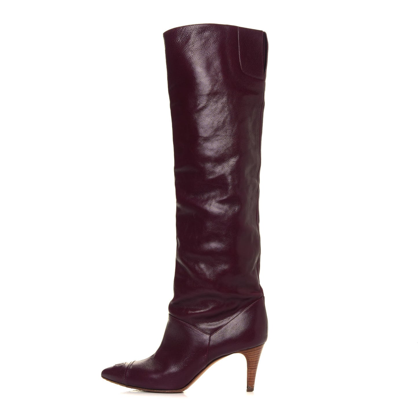 Calfskin CC Cap Toe Knee High Boots 36.5 Burgundy