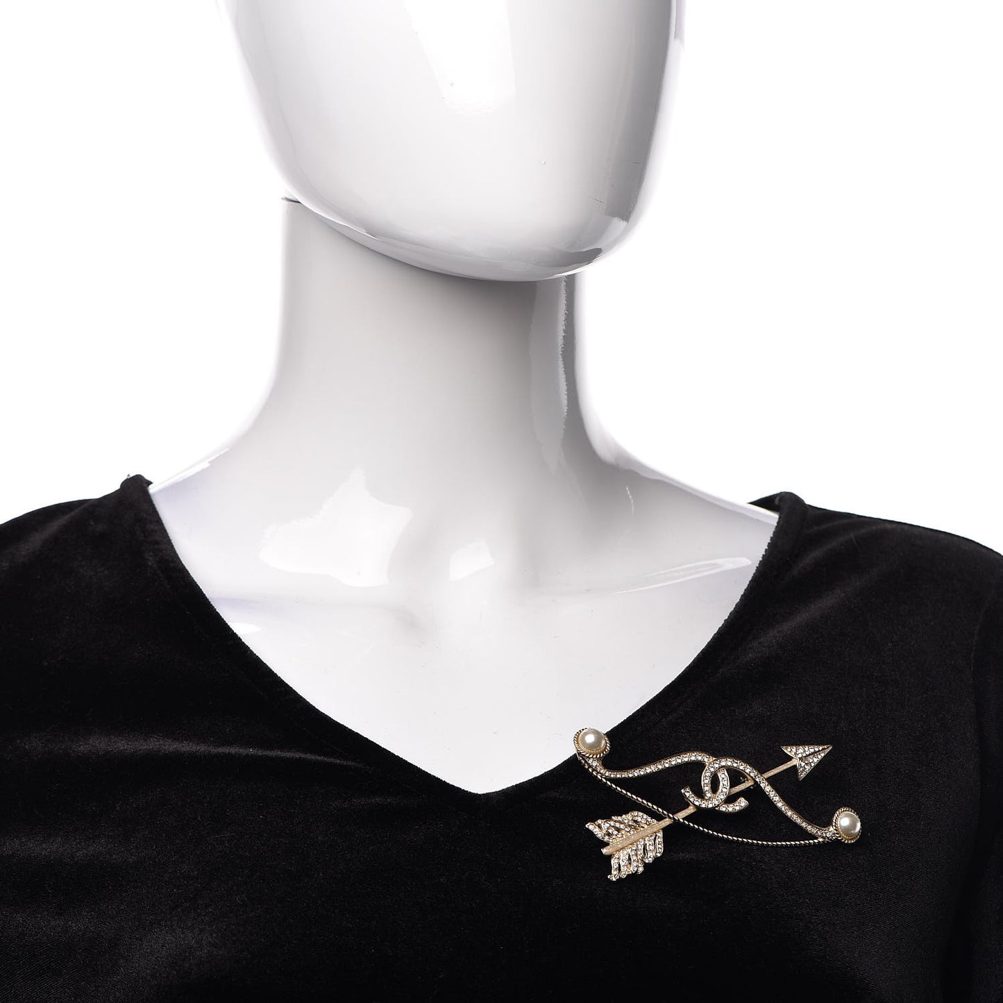 Crystal Pearl CC Arrow Brooch Gold