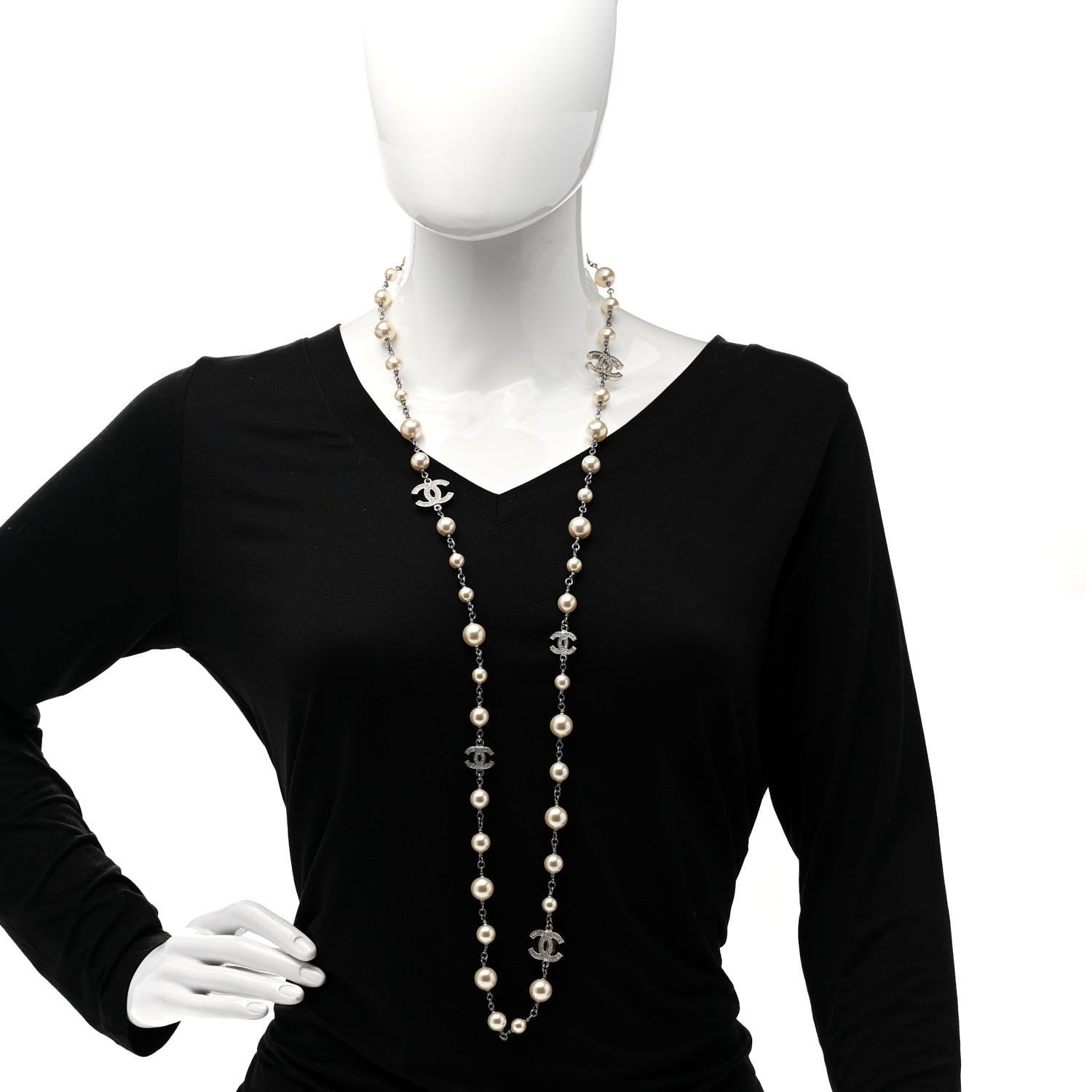 Chanel Graduated Pearl Crystal CC Long Necklace Silver 2 of 5