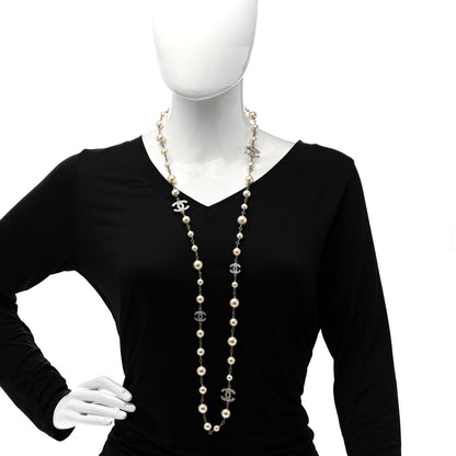Chanel Graduated Pearl Crystal CC Long Necklace Silver 2 of 5