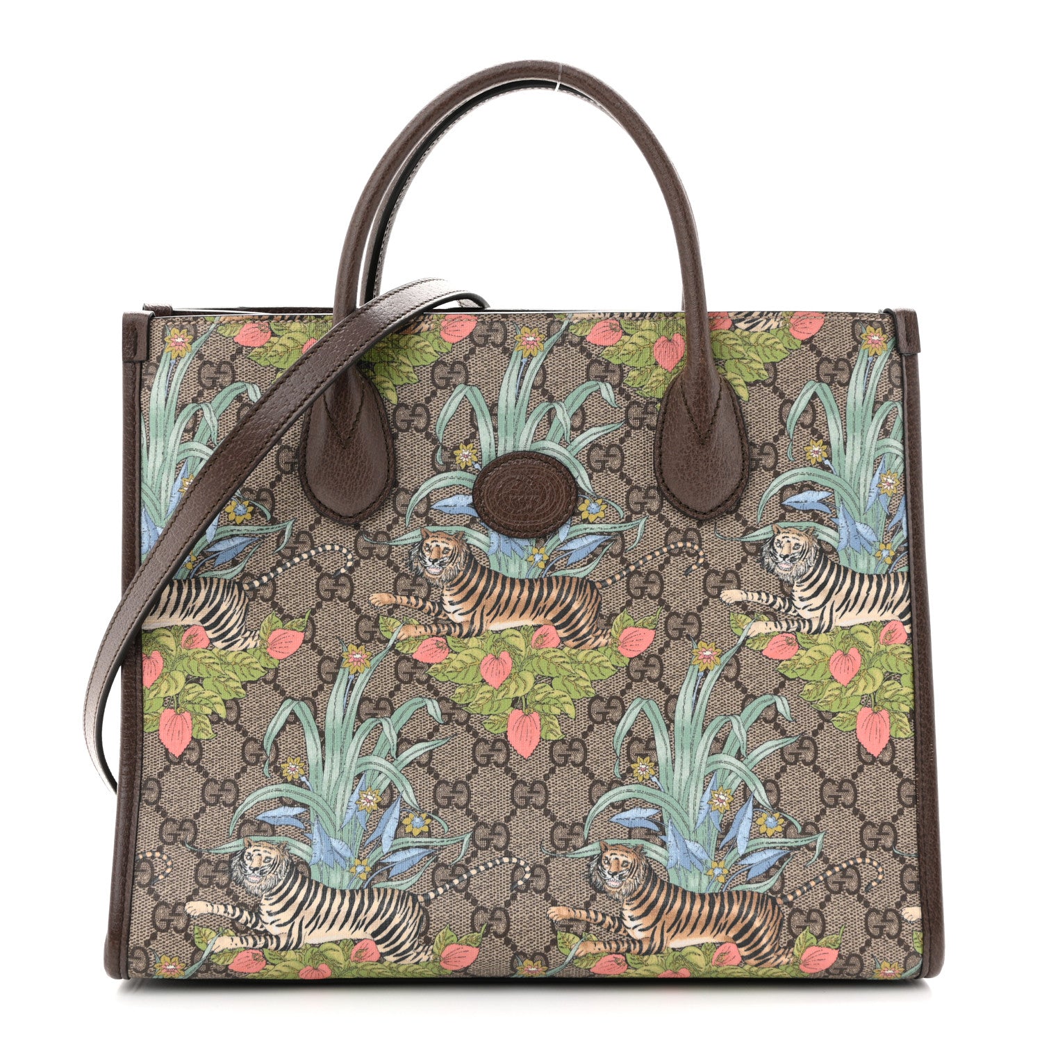 Gucci GG Supreme Monogram Tiger Savanah Textured Dollar Calfskin Small Retro Interlocking G Tote Bag Beige Ebony Multicolor New Acero 1 of 14