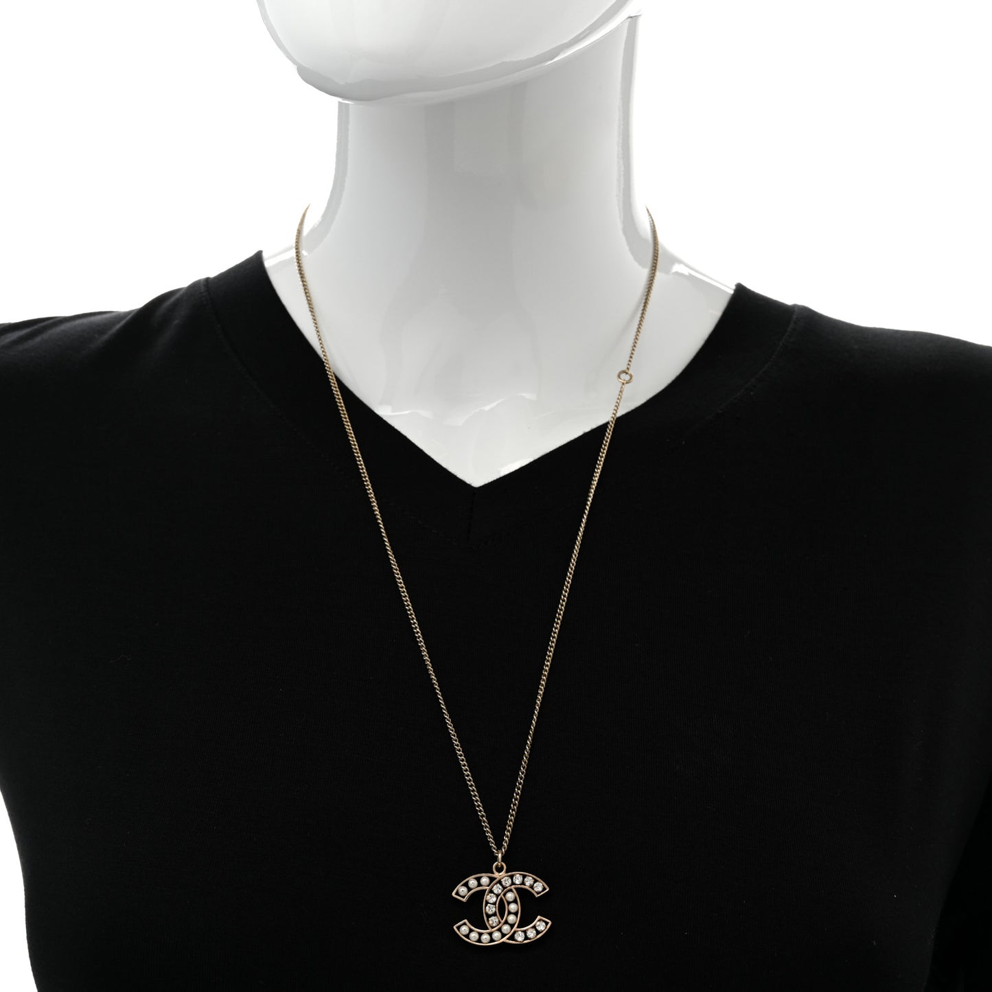 Crystal Pearl CC Pendant Necklace Gold