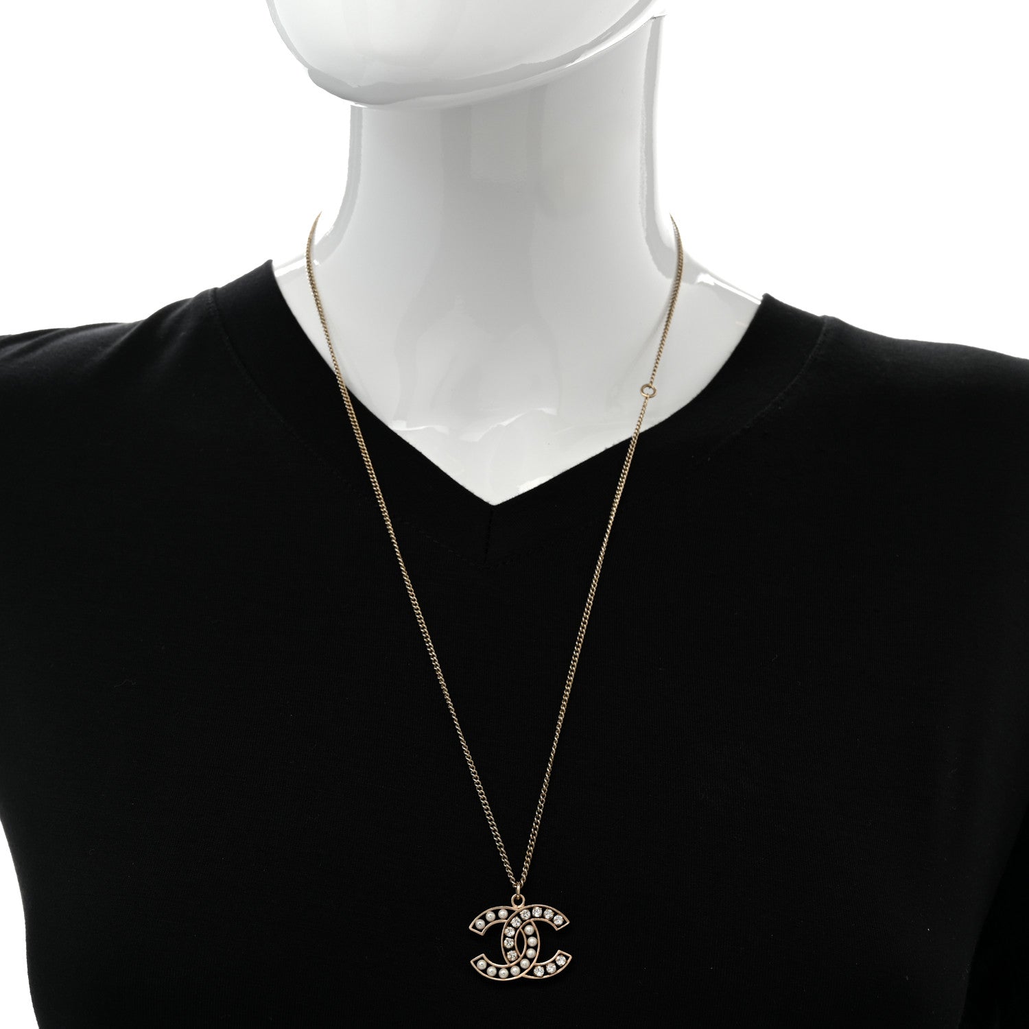 Chanel Crystal Pearl CC Pendant Necklace Gold 2 of 7