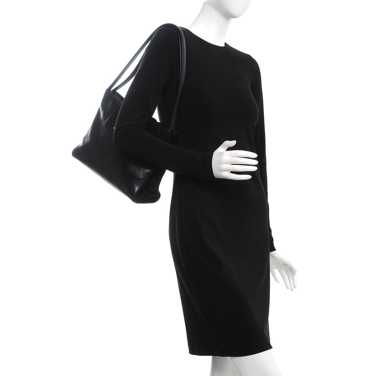 CHANE Lambskin Stitched Shoulder Bag Black