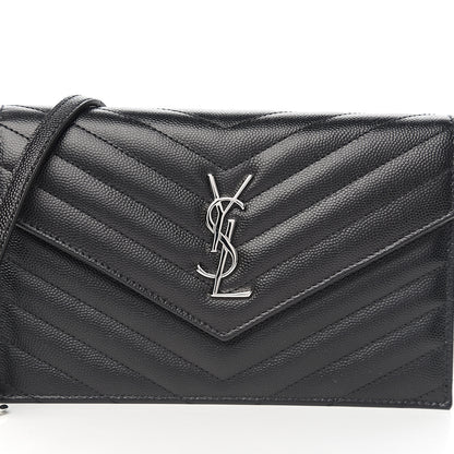 Saint Laurent Grain De Poudre Matelasse Chevron Monogram Envelope Chain Wallet Black 8 of 8