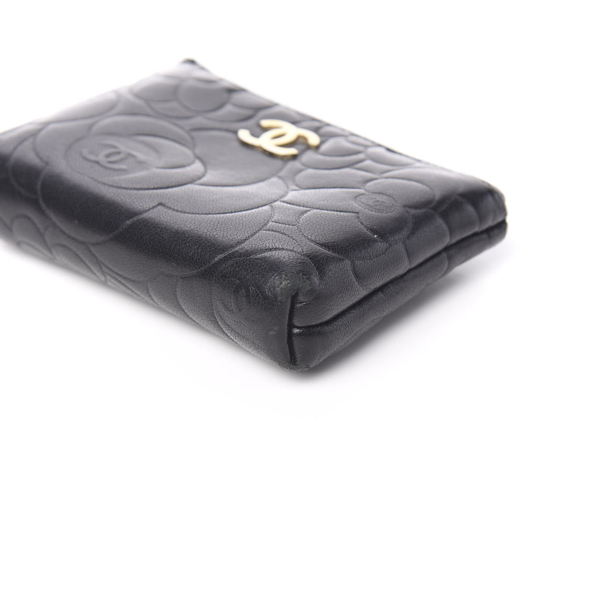 Lambskin Camellia Embossed Key Holder Case Black